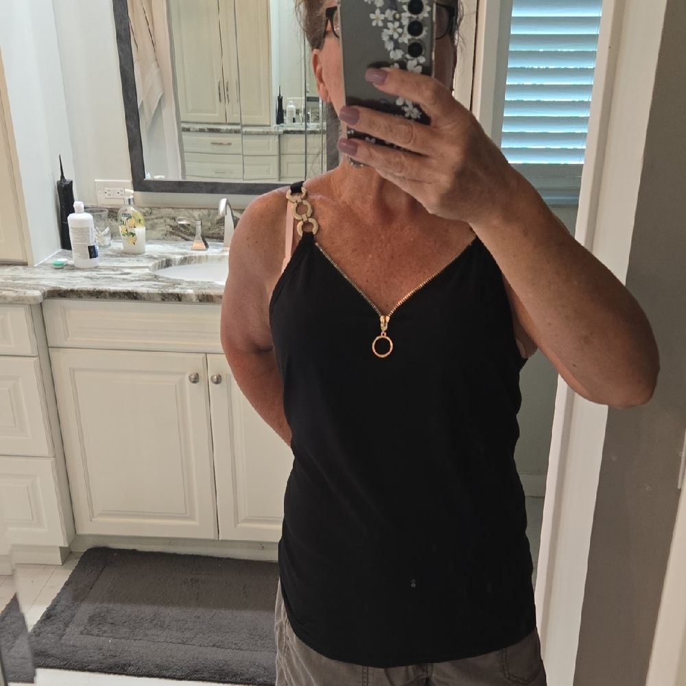 Black Sleeveless Top with Gold Accents